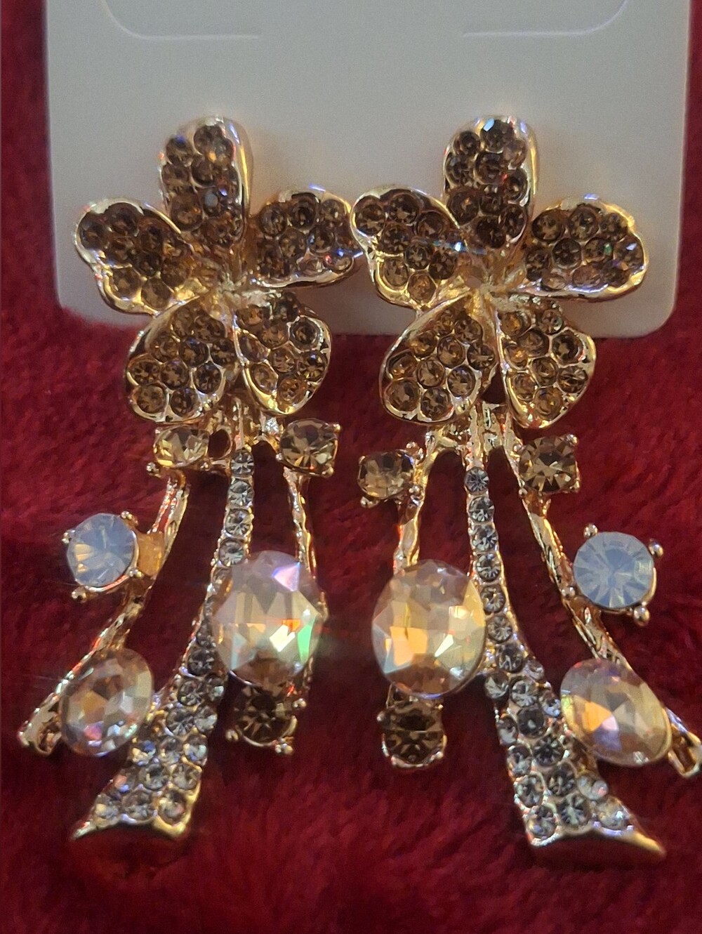 Gold Tone & Rhinestone Flower Dangle Pierced Earrings 2.25" long x 1" wide NEW